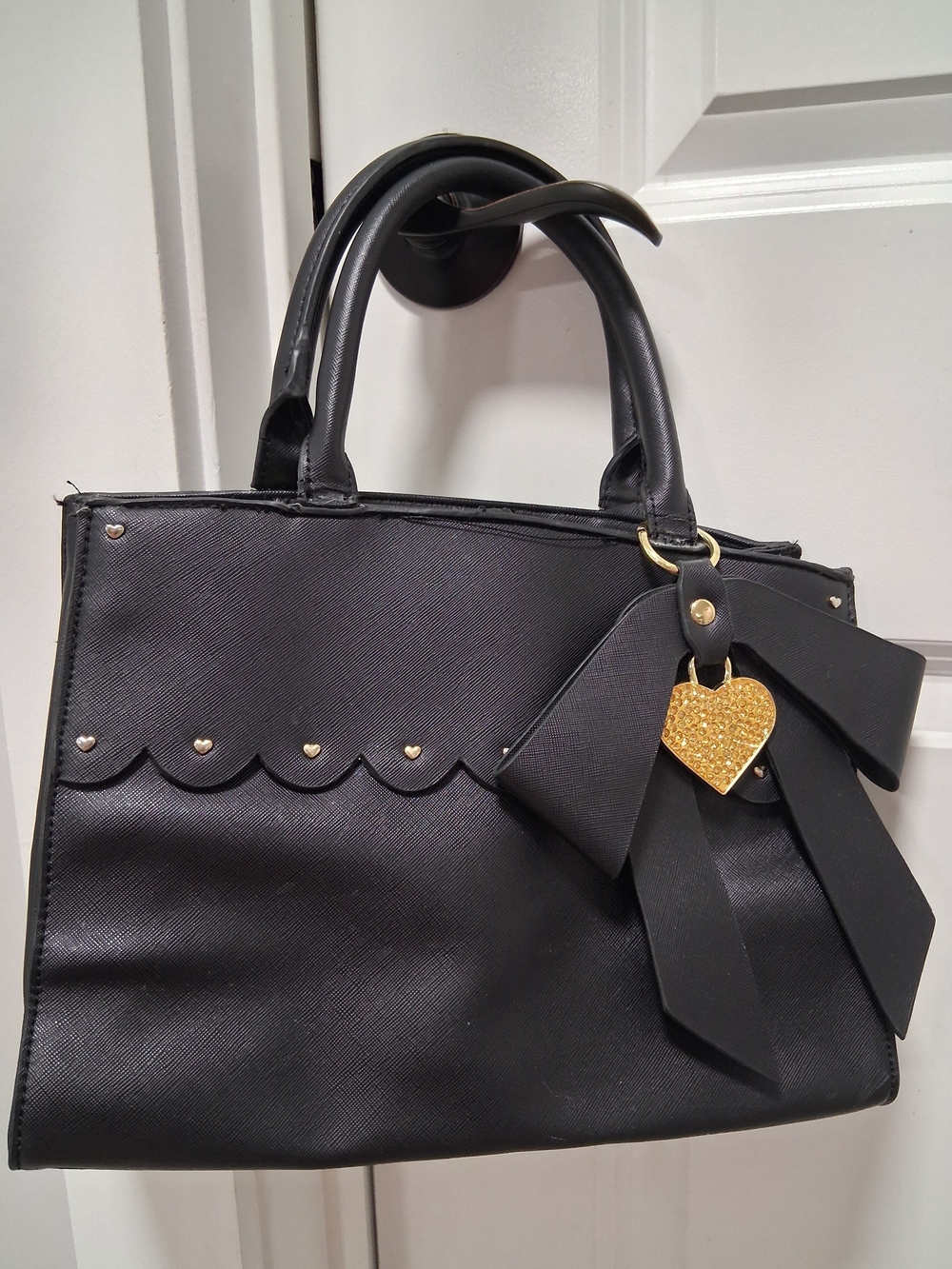 Betsey Johnson Black Scalloped Satchel with Gold Heart Charm